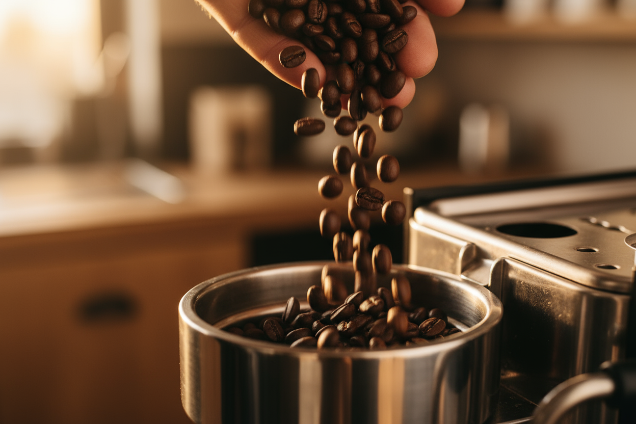 granos de cafe en maquina